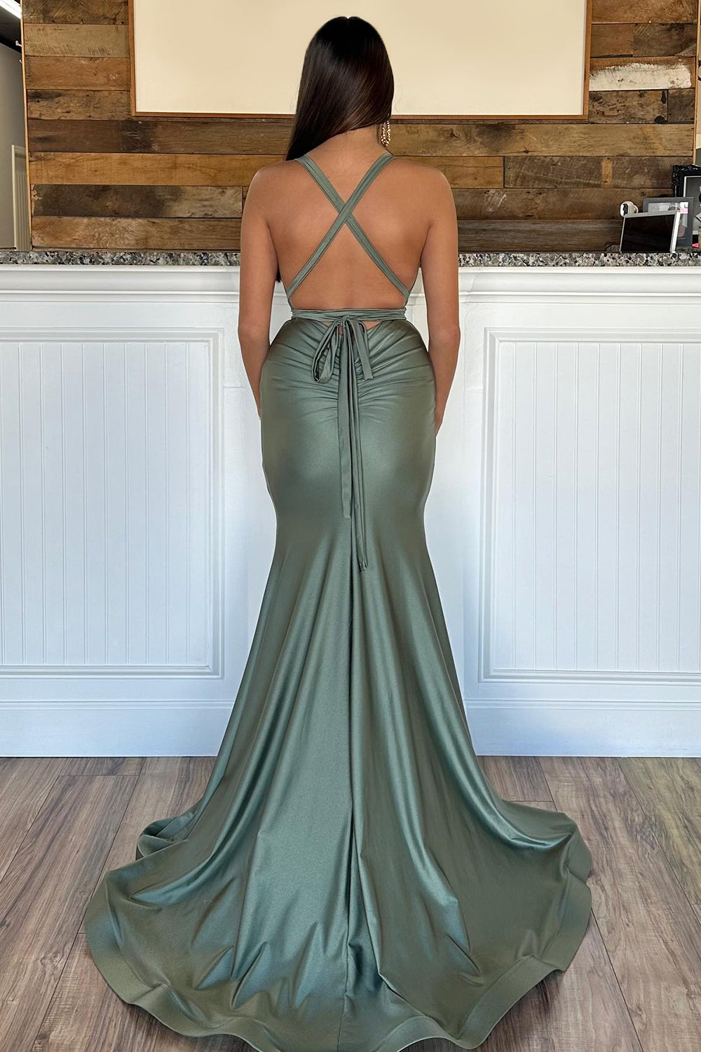 Grey Green Evening Dress Halter Neck Mermaid Long Prom Dress