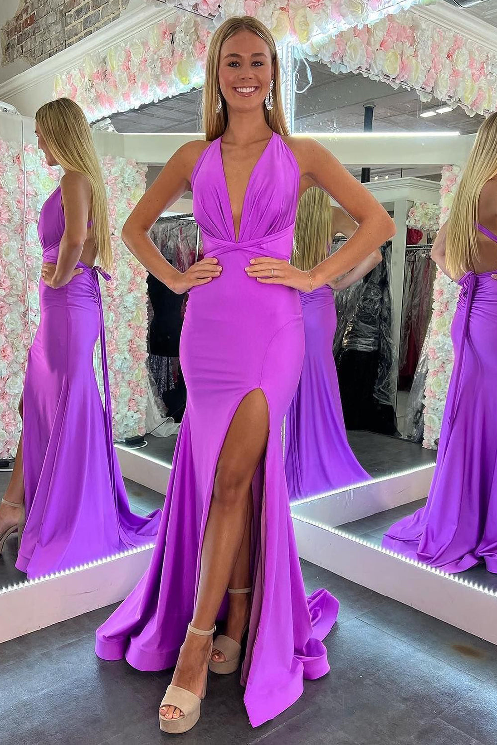 Grey Green Evening Dress Halter Neck Mermaid Long Prom Dress