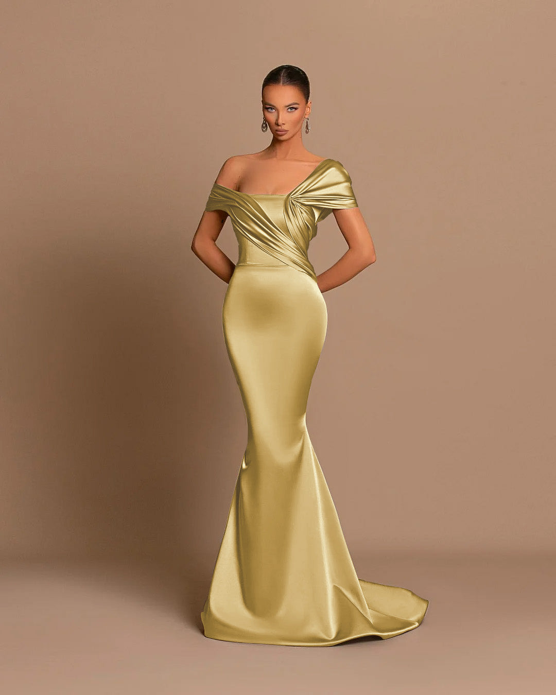 Grey Off The Shoulder Bateau Pleated Ball Gown Evening Dress