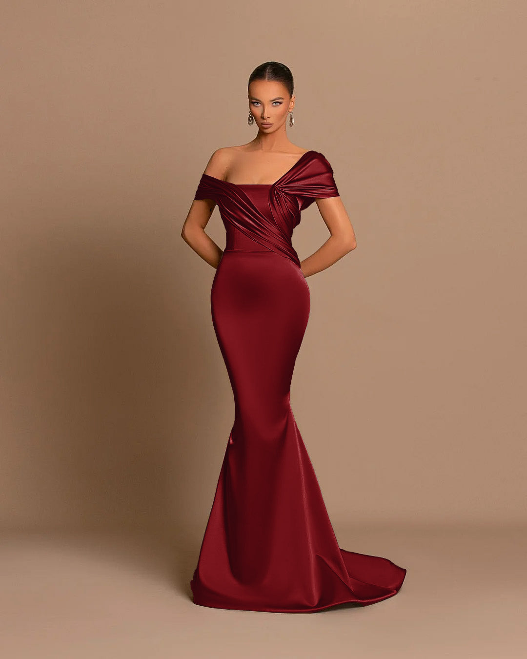 Grey Off The Shoulder Bateau Pleated Ball Gown Evening Dress