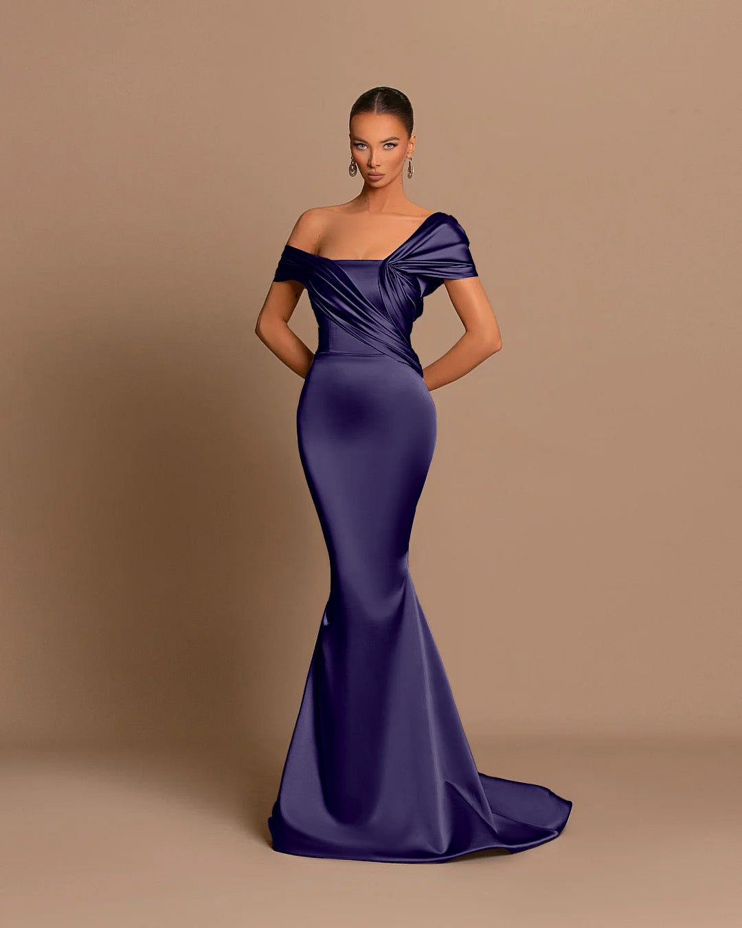 Grey Off The Shoulder Bateau Pleated Ball Gown Evening Dress