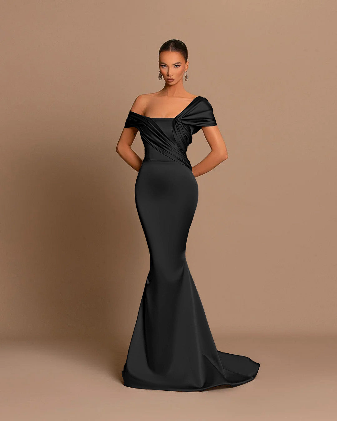 Grey Off The Shoulder Bateau Pleated Ball Gown Evening Dress