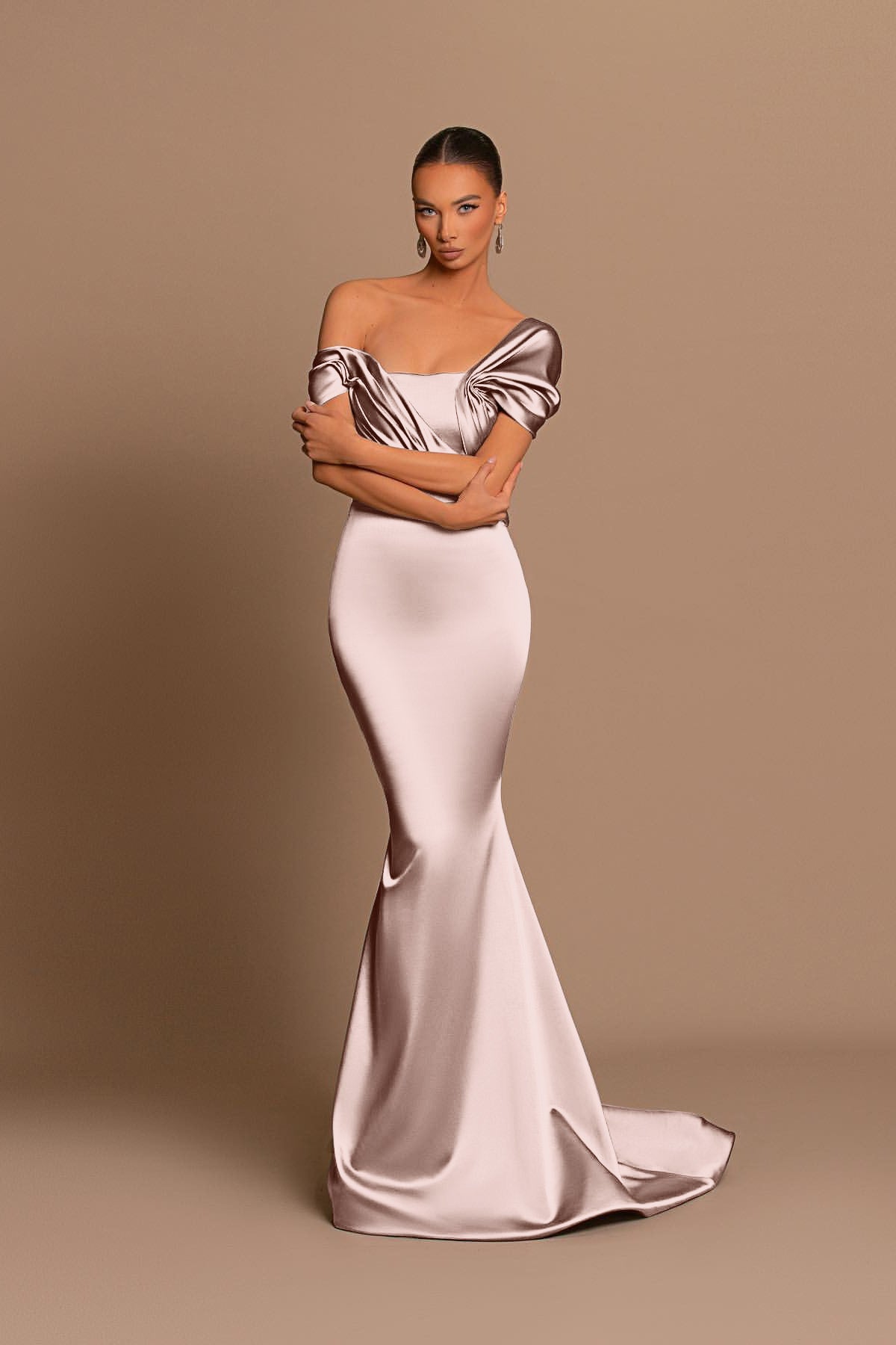 Grey Off The Shoulder Bateau Pleated Ball Gown Evening Dress