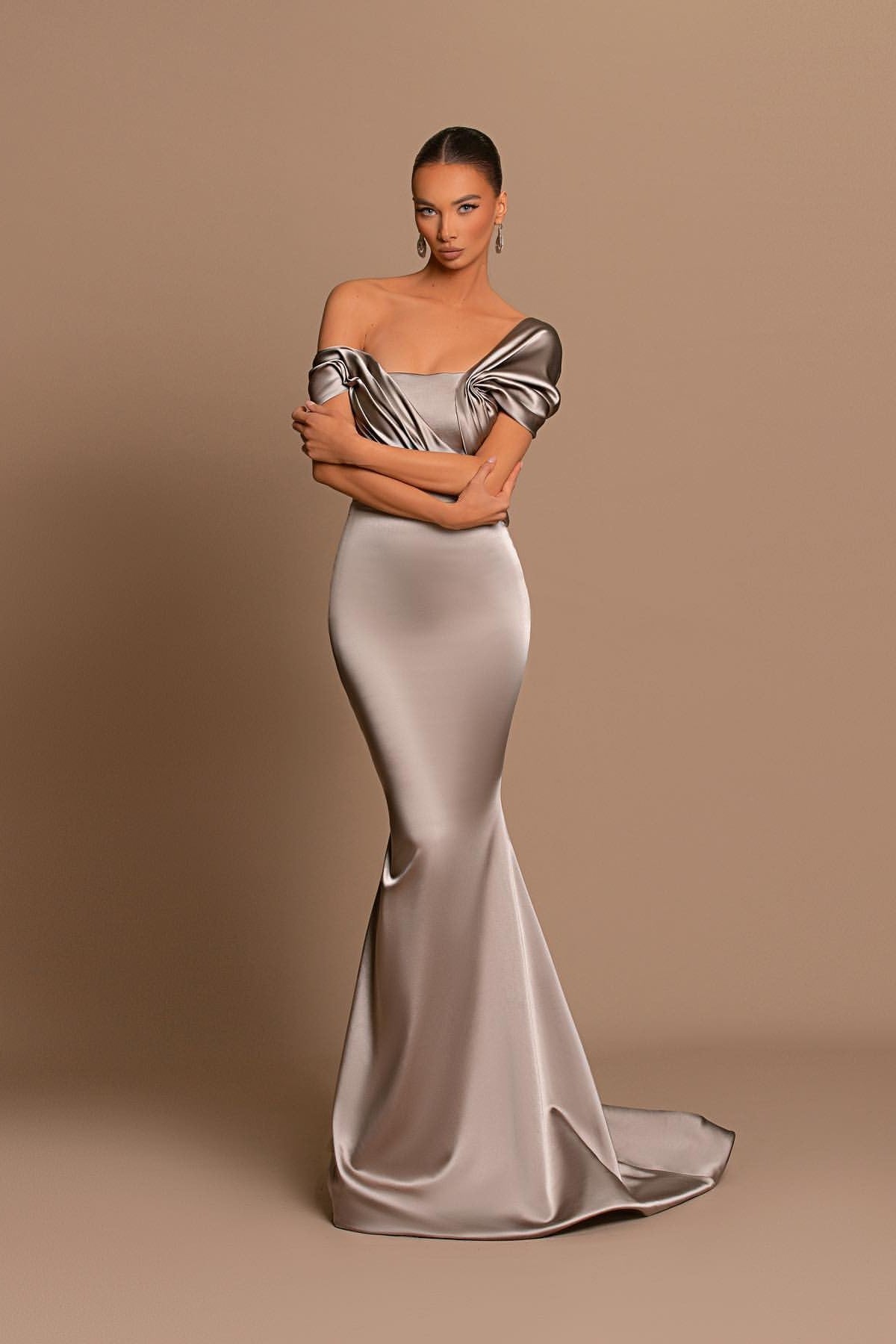 Grey Off The Shoulder Bateau Pleated Ball Gown Evening Dress