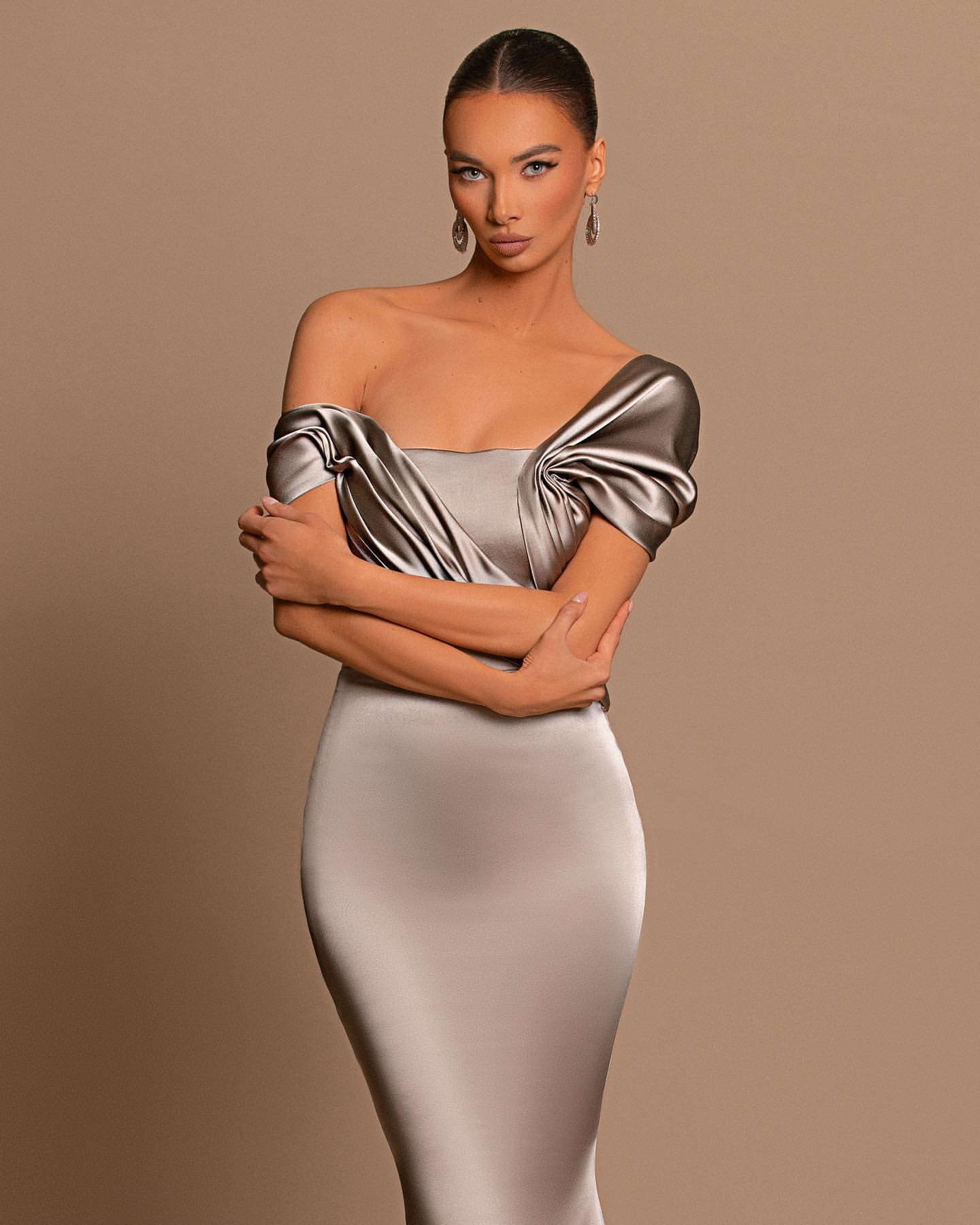 Grey Off The Shoulder Bateau Pleated Ball Gown Evening Dress