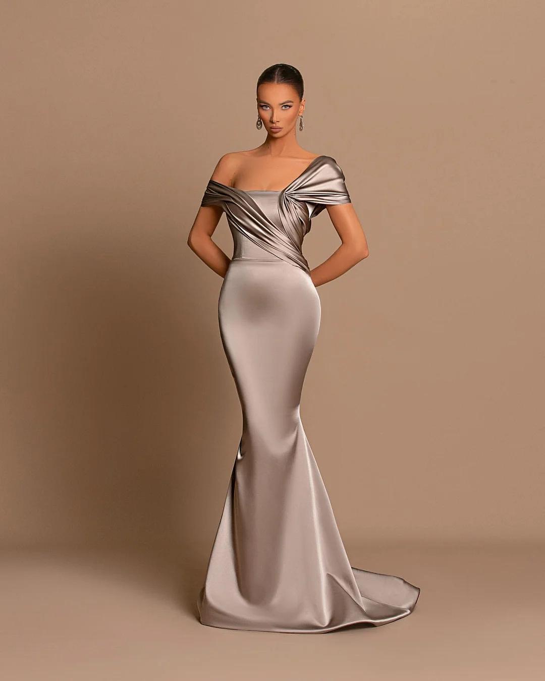 Grey Off The Shoulder Bateau Pleated Ball Gown Evening Dress