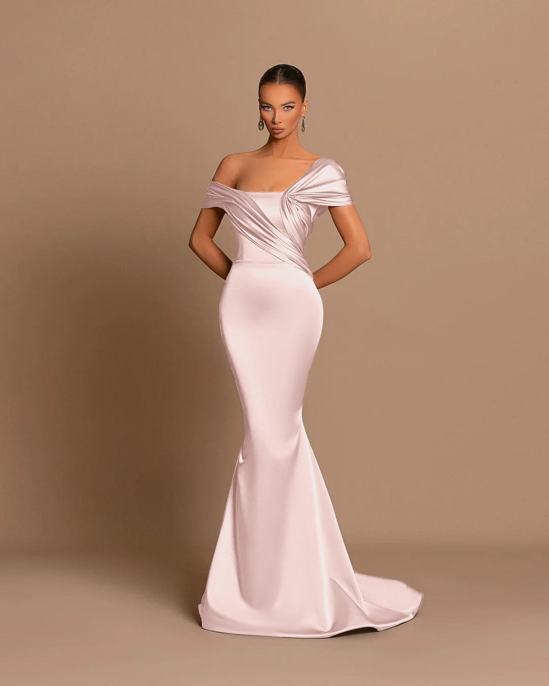 Grey Off The Shoulder Bateau Pleated Ball Gown Evening Dress