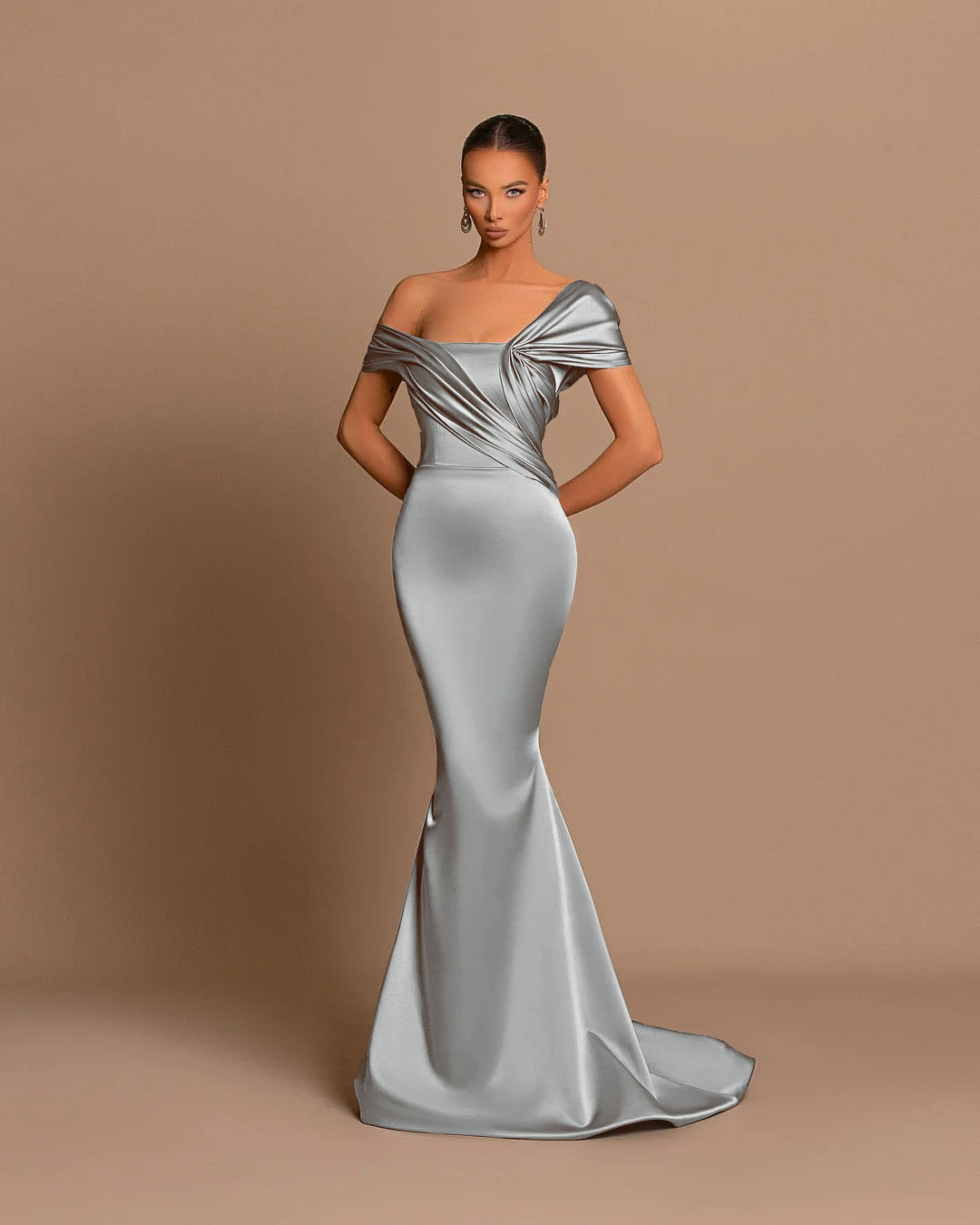 Grey Off The Shoulder Bateau Pleated Ball Gown Evening Dress
