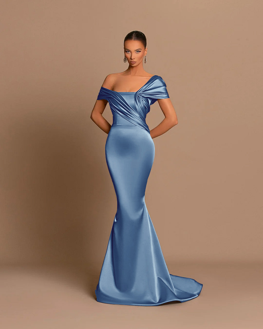 Grey Off The Shoulder Bateau Pleated Ball Gown Evening Dress