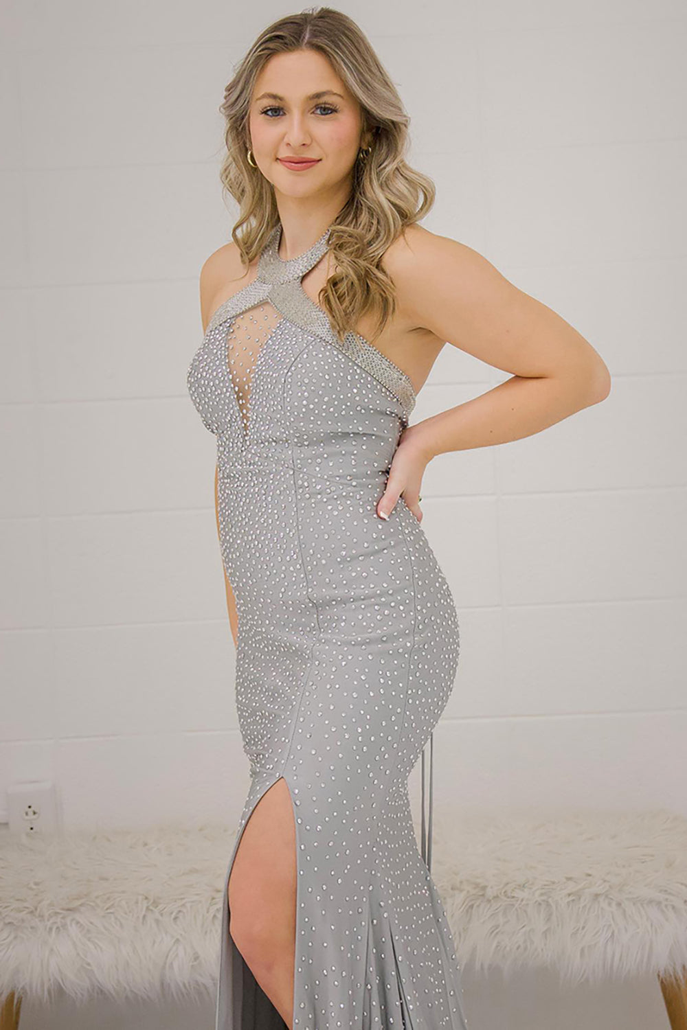 Grey Prom Dress Halter Mermaid Formal Dress With Slit