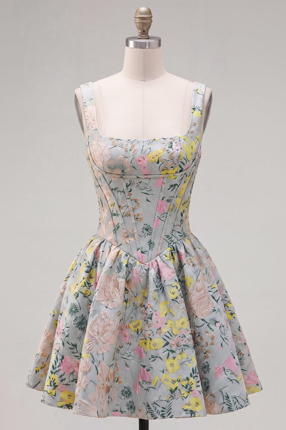 Grey Square Neck Jacquard A-Line Short Corset Homecoming Dress