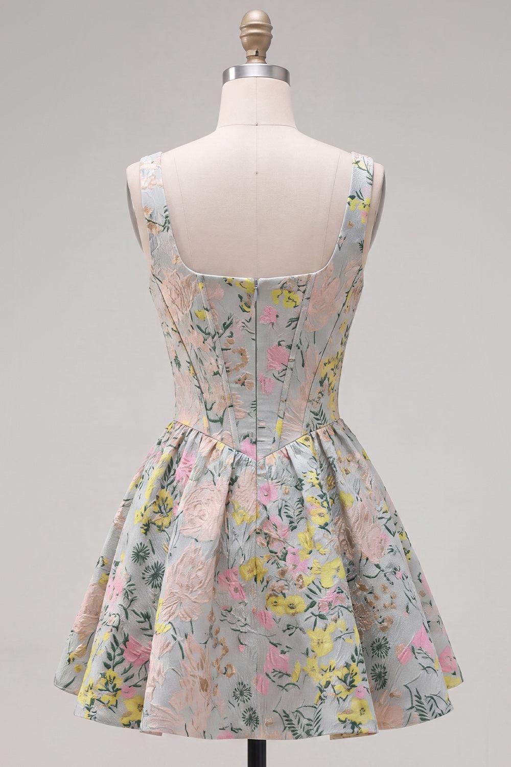 Grey Square Neck Jacquard A-Line Short Corset Homecoming Dress