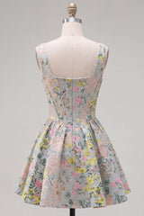 Grey Square Neck Jacquard A-Line Short Corset Homecoming Dress