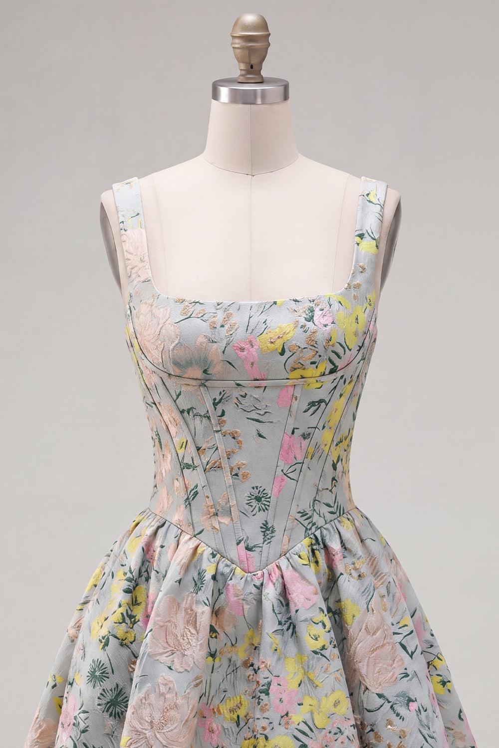 Grey Square Neck Jacquard A-Line Short Corset Homecoming Dress