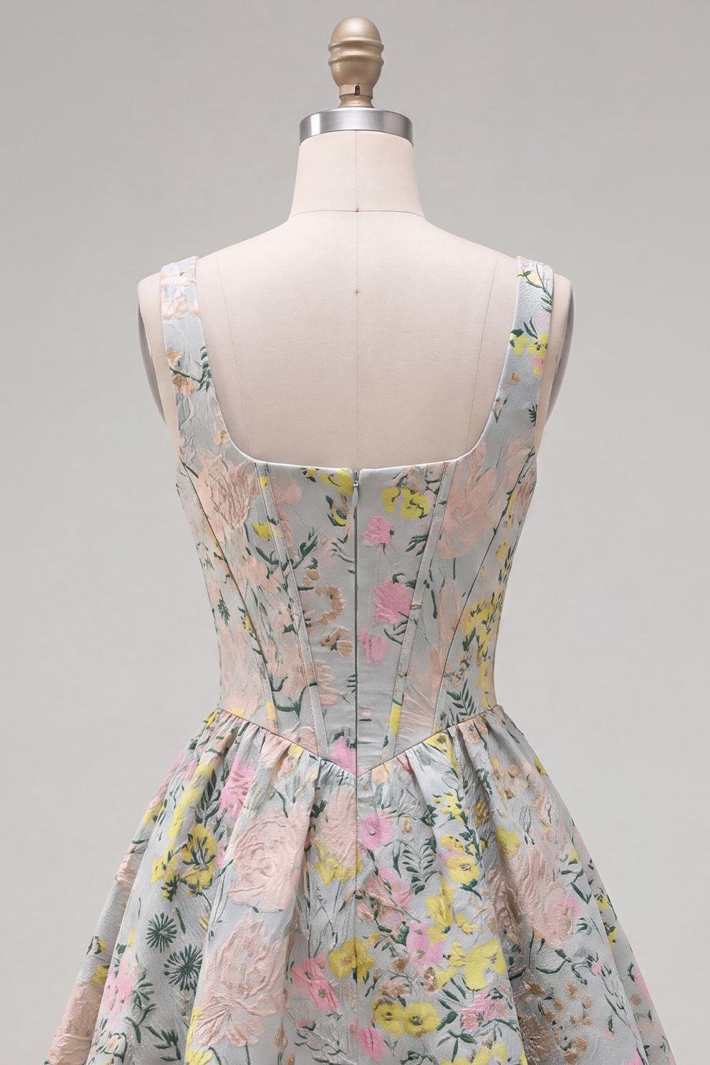 Grey Square Neck Jacquard A-Line Short Corset Homecoming Dress