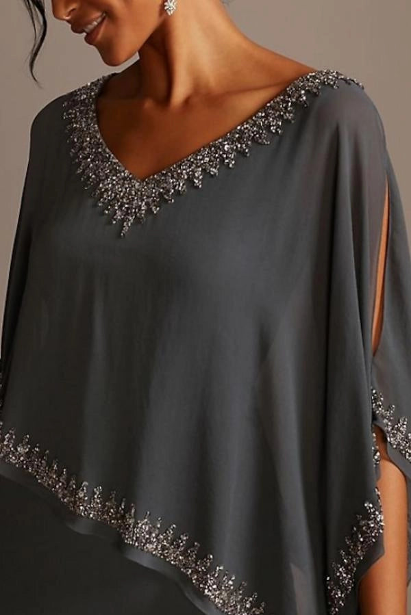 Grey V Neck Mother of the Bride Dress Chiffon Batwing Sleeve Wedding Guest Dress