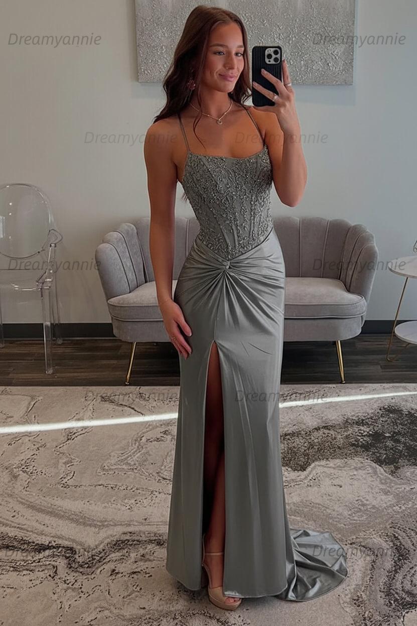 Dreamyannie Red Prom Dress Spaghetti Straps Ruhed Long Lace Formal Dress With Appliques
