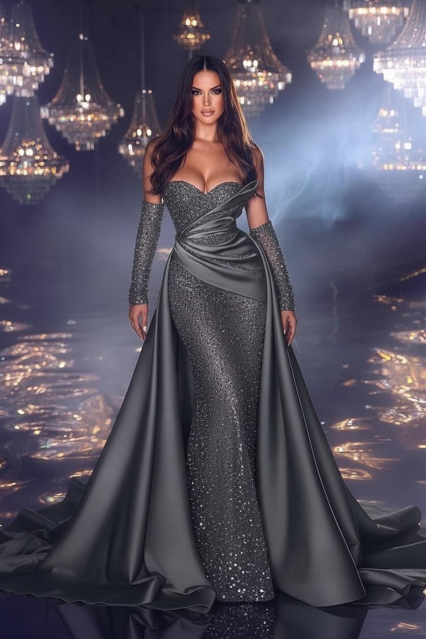 Elegant Sweetheart Prom Dress Beaded Purple Mermaid Formal Dress with Train