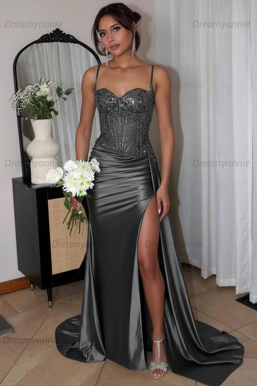 Corset Sequined Prom Dress Satin Appliqued Long Evening Dress With Slit