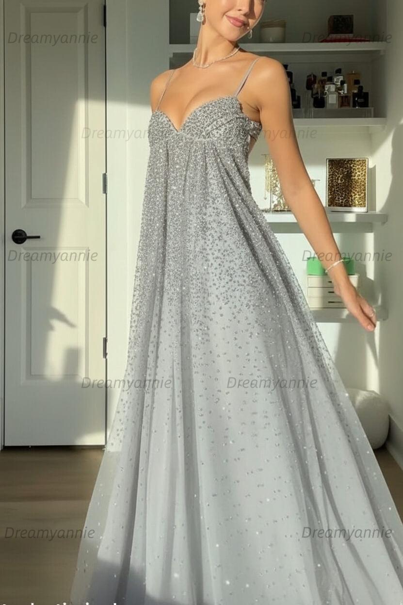 Bling A Line Spaghetti Straps Grey Blue Long Party Dress With Beading Formal Evening Gown