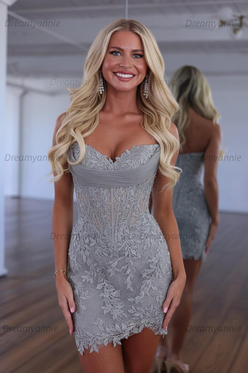 Red Lace Applique Strapless Corset Bodycon Homecoming Dress