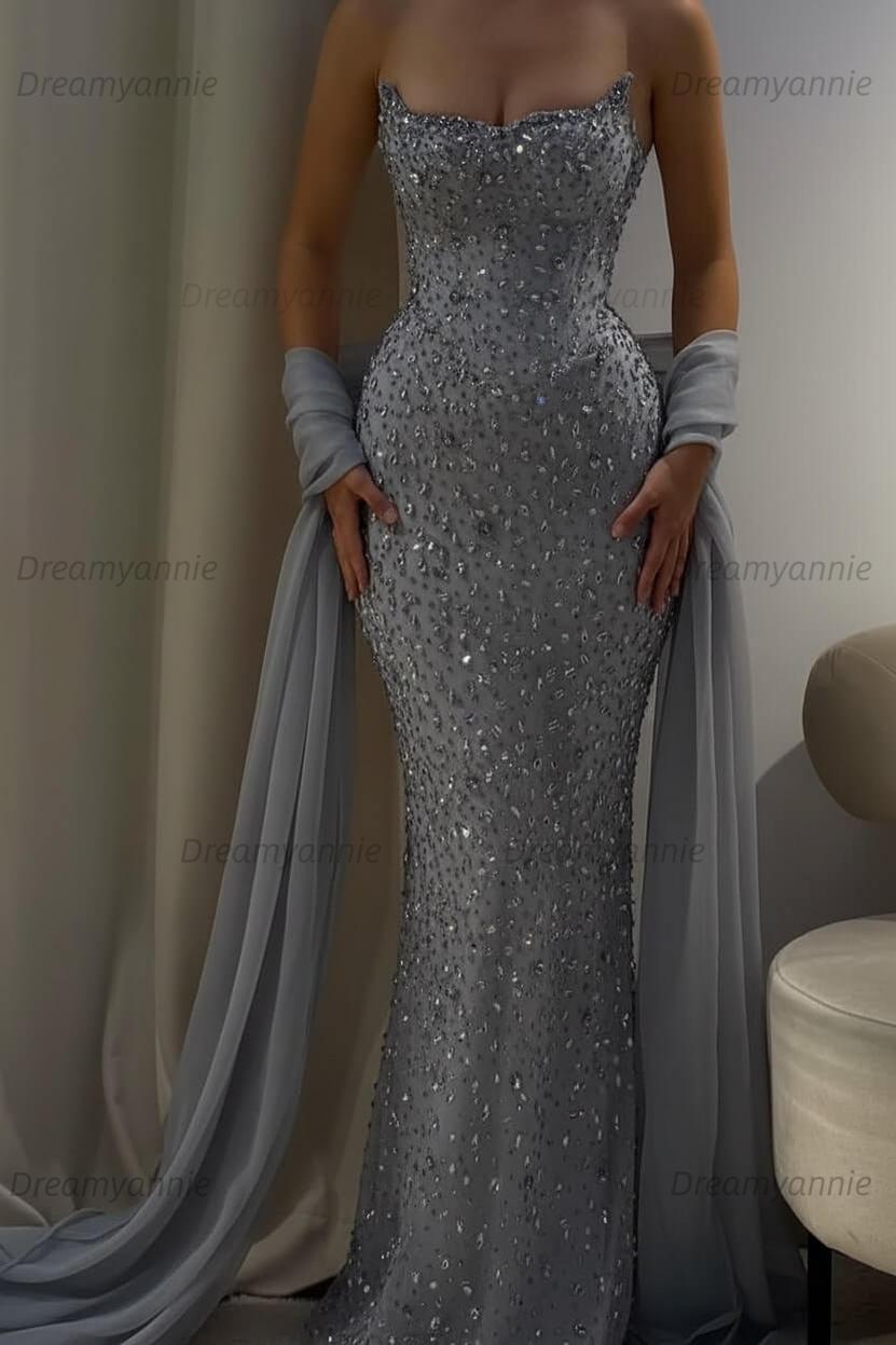 Pink Mermaid Prom Dress Strapless Beaded Formal Dress