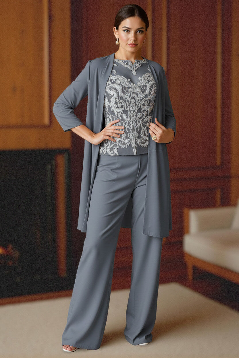 Dreamyannie Light Blue Bateau Neck Chiffon 3 Piece Mother Of The Bride Pant Suits With Jacket