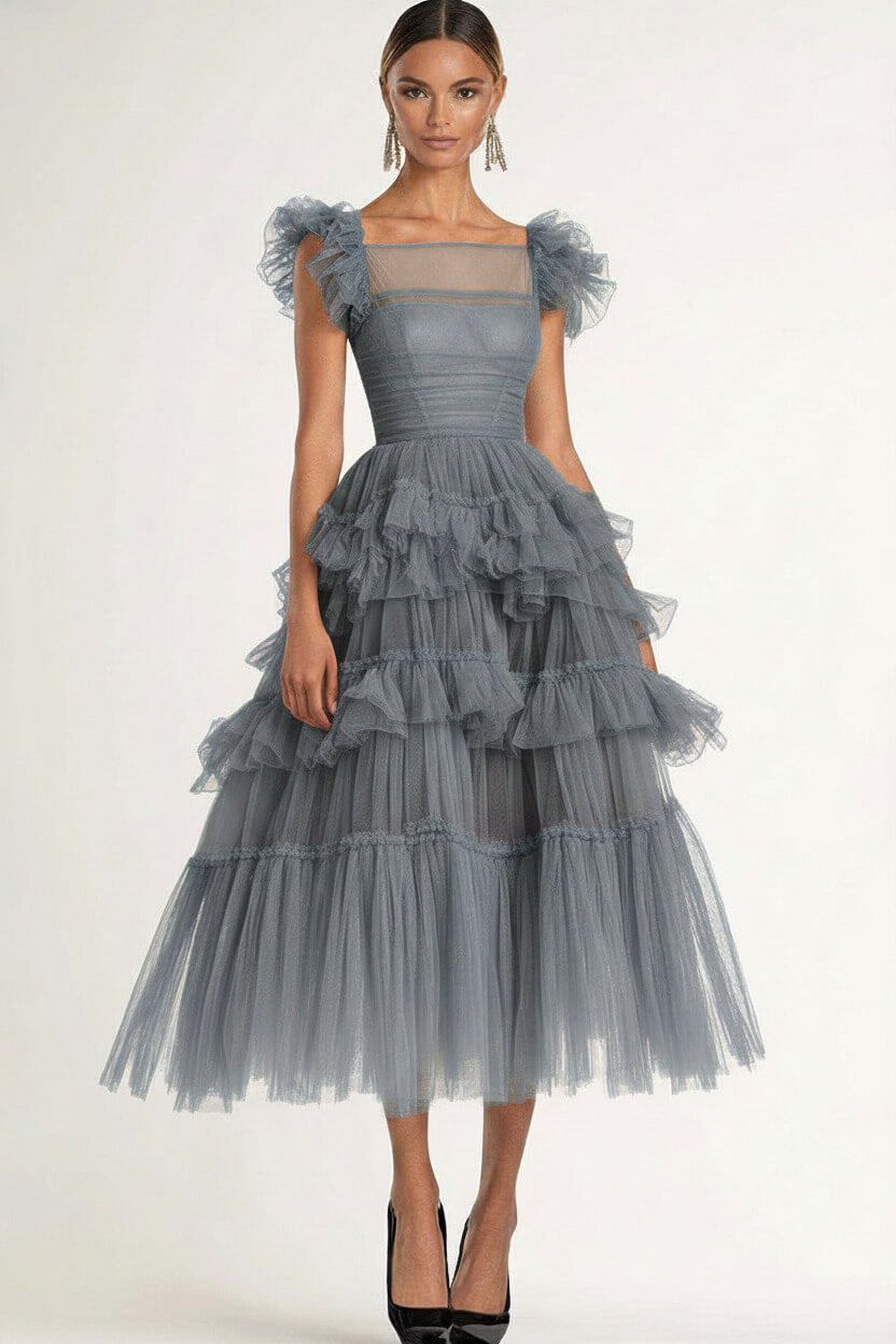 Dreamyannie Tea Length Black Wedding Guest Dress A-Line Flatter Sleeves Tulle Formal Dress With Ruffles