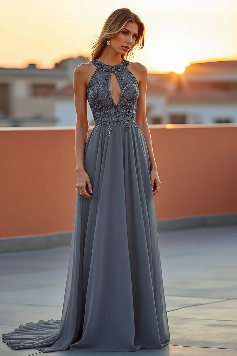 Dreamyannie Beaded Navy Wedding Guest Dress Halter Long Formal Dress With Embroideries