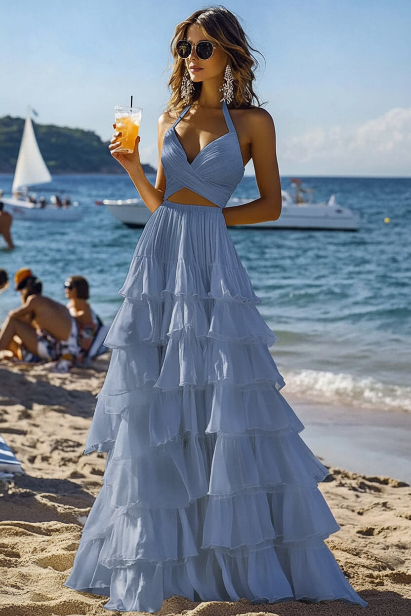 Dreamyannie Halter Tiered White 2 Piece Ruffled Formal Dress