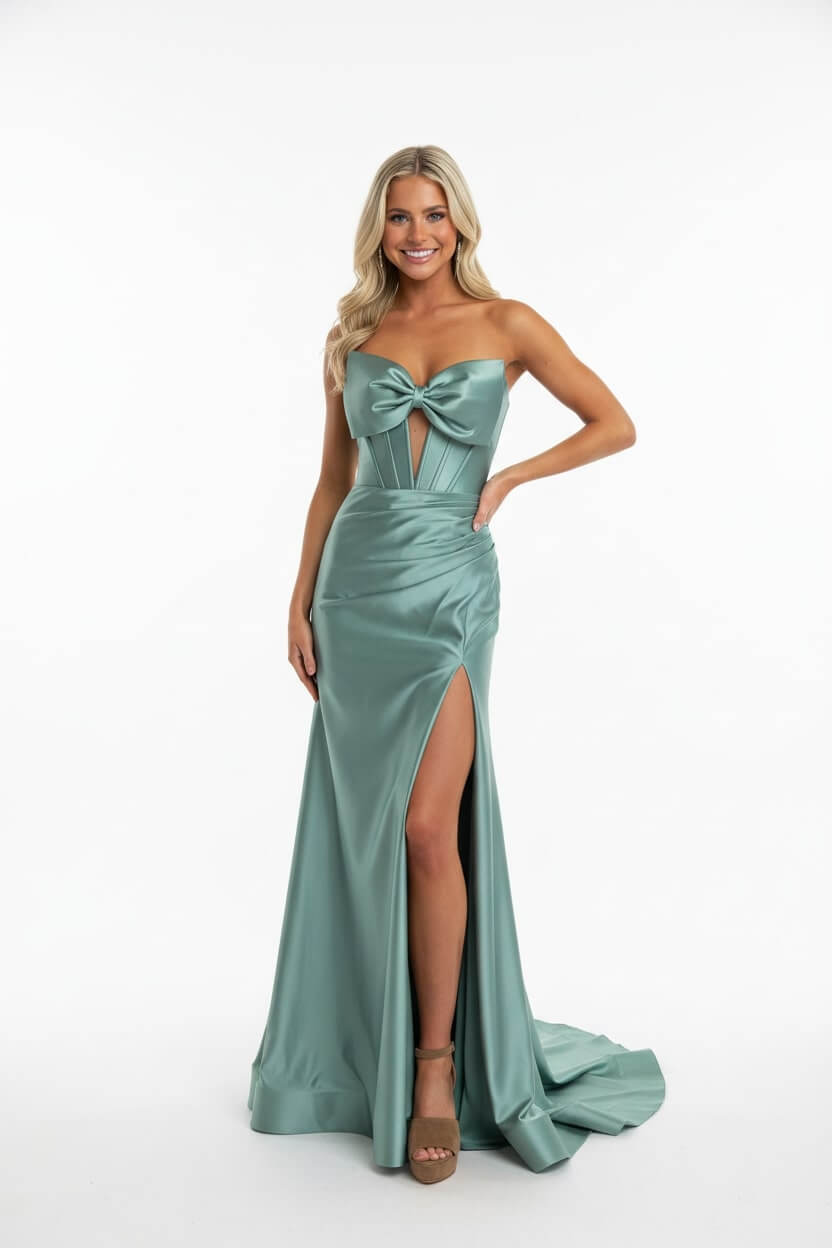 Dreamyannie Corset Red Prom Dress Satin Sweetheart Formal Dress With Slit
