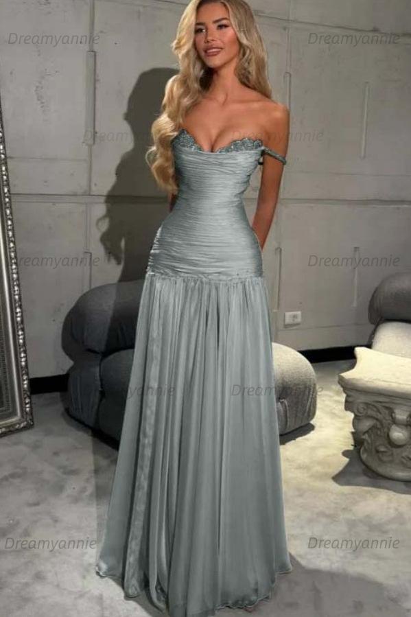 Dreamyannie Mint Green Off The Shoulder Prom Dress A Line Formal Evening Gown