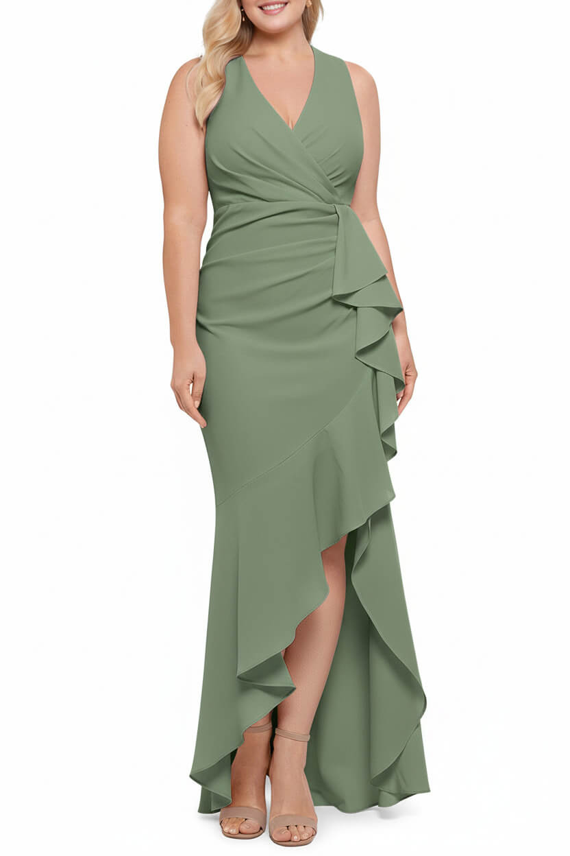 V Neck Sleeveless Plus Size Long Sheath Column Mother of the Bride Dresses with Ruffles