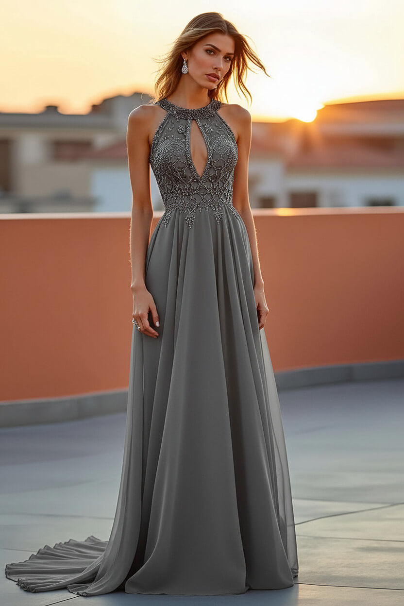 Dreamyannie Beaded Navy Wedding Guest Dress Halter Long Formal Dress With Embroideries