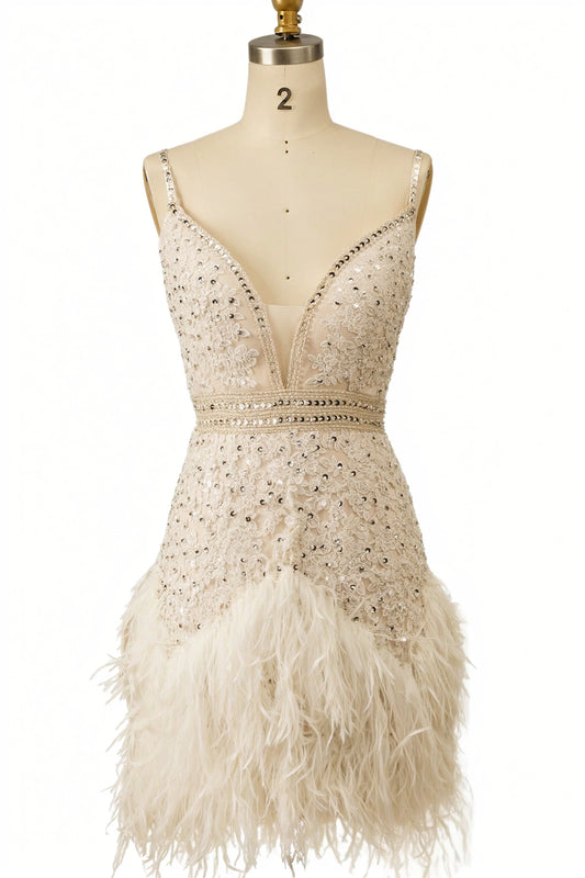 White Spaghetti Straps Sequined Short Homecoming Dress with Feathers