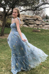 Grey Blue Prom Dress A-Line Embroidered Bowknot Sleeveless Party Dress