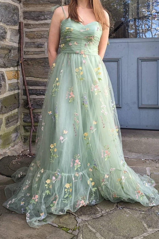 Green Prom Dress Tulle A Line Embroidered Bowknot Sleeveless Party Dress