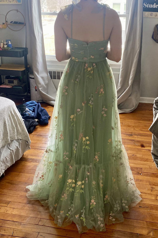 Green Prom Dress Tulle A Line Embroidered Bowknot Sleeveless Party Dress