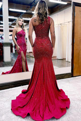 Red Evening Dress One Shoulder Sequin Mermaid Prom Dress