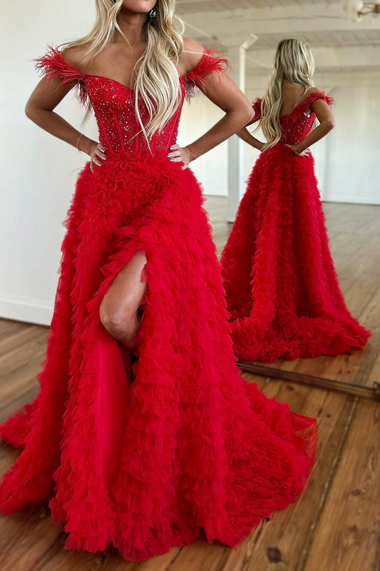 Red Off the Shoulder Corset A-Line Prom Dress with Beadings