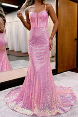 Pink Sequin Prom Dress Long Mermaid Corset Evening Dress