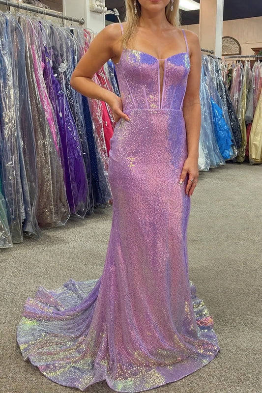 Purple Sequin Prom Dress Long Mermaid Corset Evening Dress