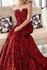 Burgundy Mermaid Sweetheart Sequins Long Prom Dress