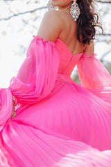 Red Detachable Sleeves Cut-Out Long Prom Dress with Beading