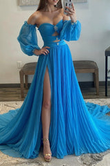 Blue Detachable Sleeves Cut-Out Long Prom Dress with Beading