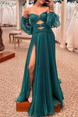 Green Detachable Sleeves Cut-Out Long Prom Dress with Beading