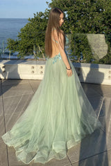 Green Spaghetti Straps Prom Dress V Neck Split Tulle Party Dress with Lace Appliques