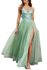 Green Spaghetti Straps Prom Dress V Neck Split Tulle Party Dress with Lace Appliques