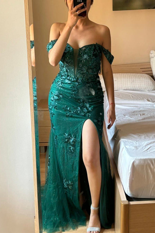 Green Mermaid Off the Shoulder Corset Prom Dress with Slit