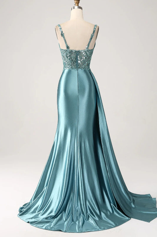 Blue Mermaid Satin Long Beaded Appliques Prom Dress With Slit